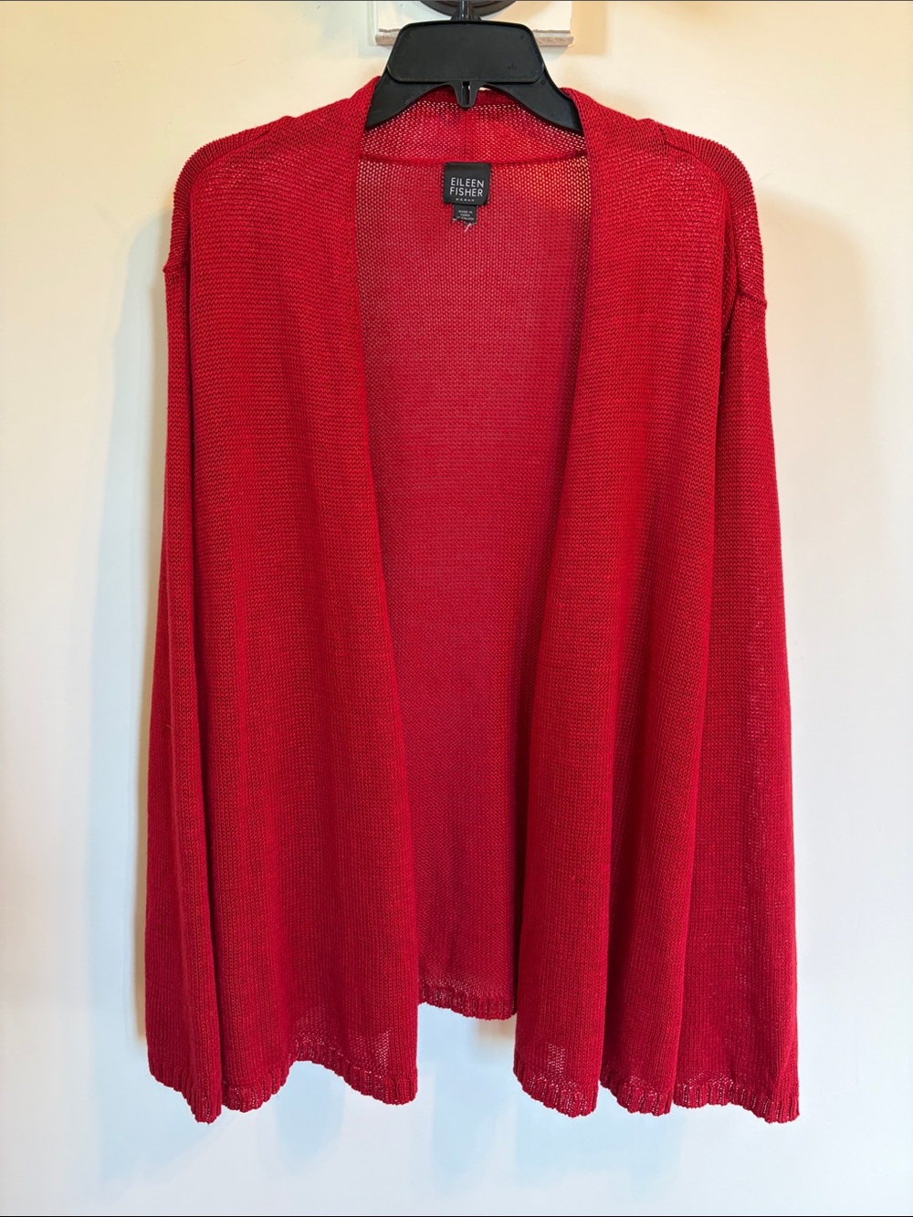 Eileen Fisher Woman 1X Red 100% Hemp Open Front Long Cardigan Sweater
